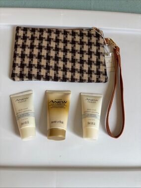 Avon Anew Clean & Ultimate Skincare Tubes with Brown Plaid Wristlet